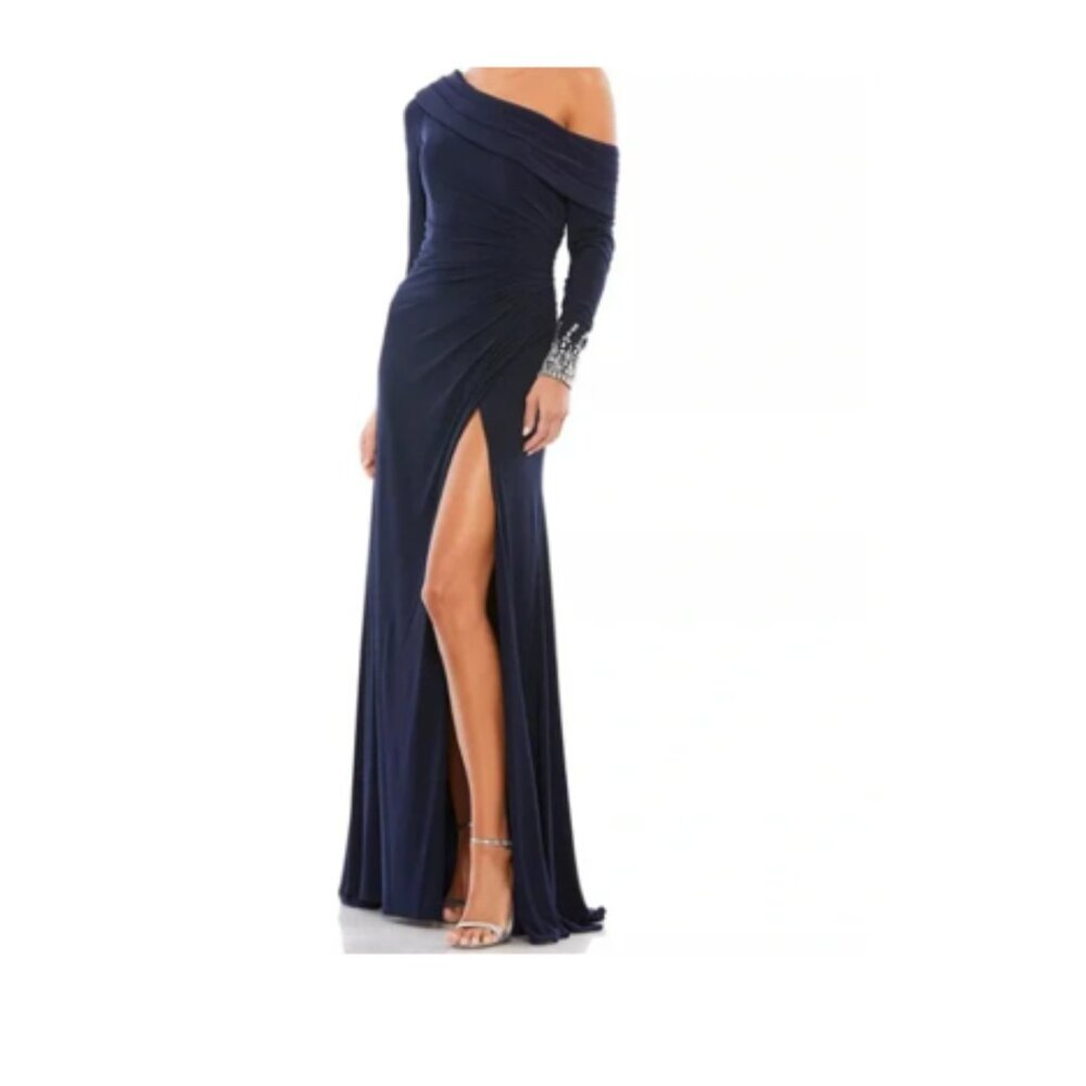 Mac Duggal One Shoulder Navy Knit Embellished Stretch Open Leg Gown Size 8